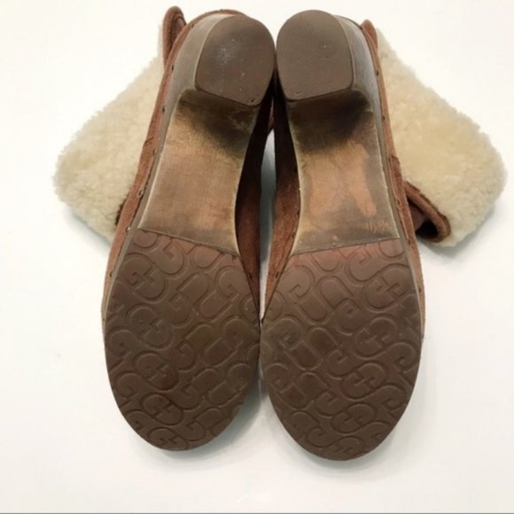 ugg | lynnea shearling cuff suede wooden heel platform boot cognac brown 8 - Picture 7 of 8
